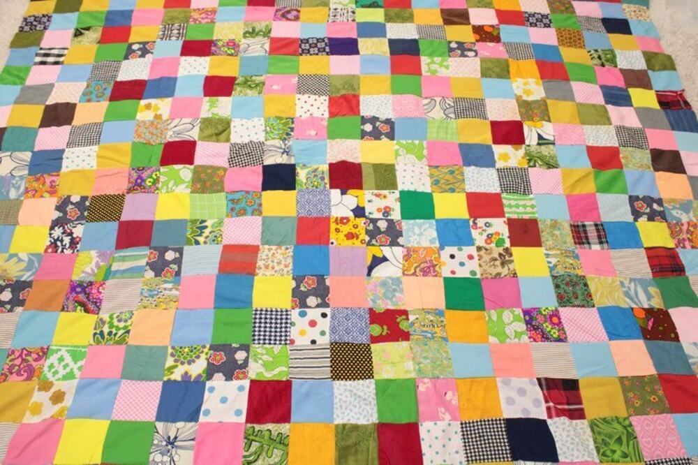 Vintage Quilt Top Polyester Cotton Squares Patchwork Bright Colors 73 x 87 Hand